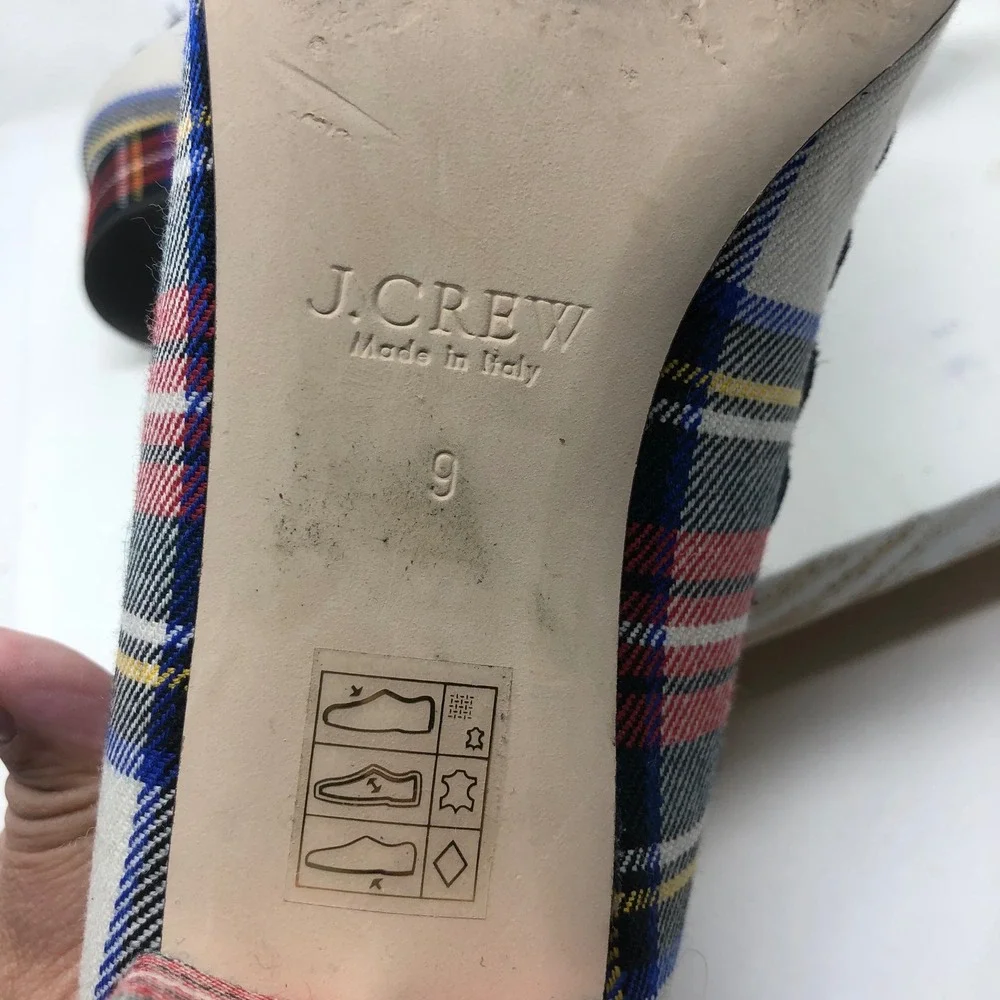 J.Crew Plaid Tartan Block Heel Pumps Womens 9 Multi-Color Scalloped